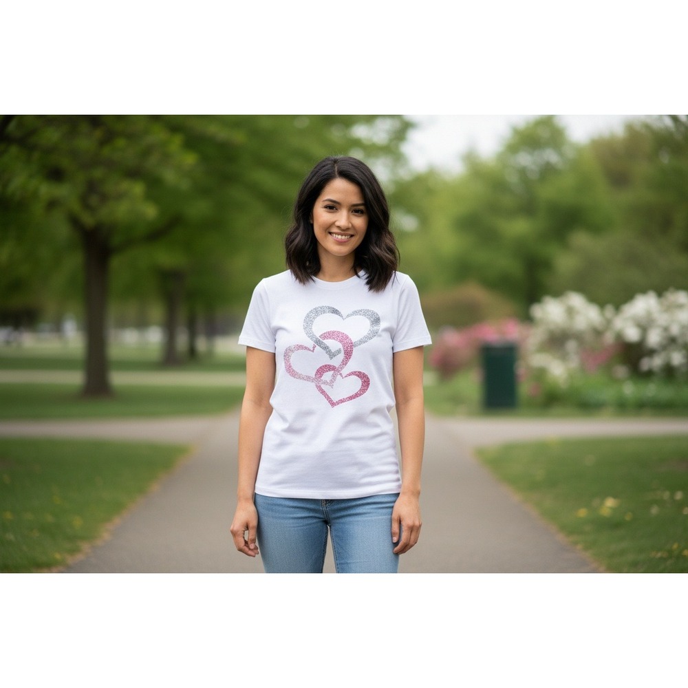 Womens White Cotton Glitter Interlocking Hearts Graphic T-Shirt Size S